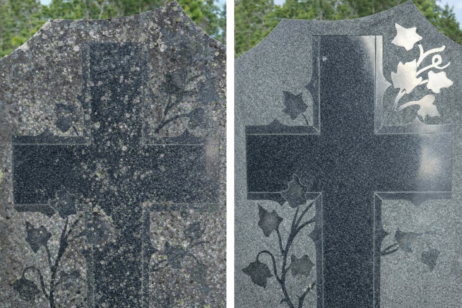 Renovering och rengöring av gravsten i granit, gravyr och dekoration återställd – före och efter